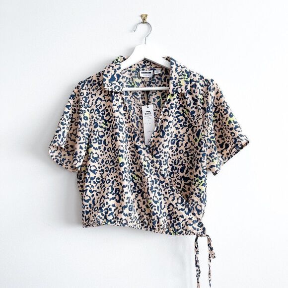 Noisy May - Clara S/S Wrap Crop Shirt (Hazelnut Leo) // Size Large // BNWT - Picture 1 of 7